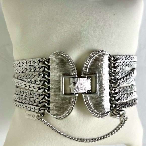 Vintge Monet Silver Tone Multi Strand Textured Chunky Bracelet With Safety Chain - Picture 2 of 6